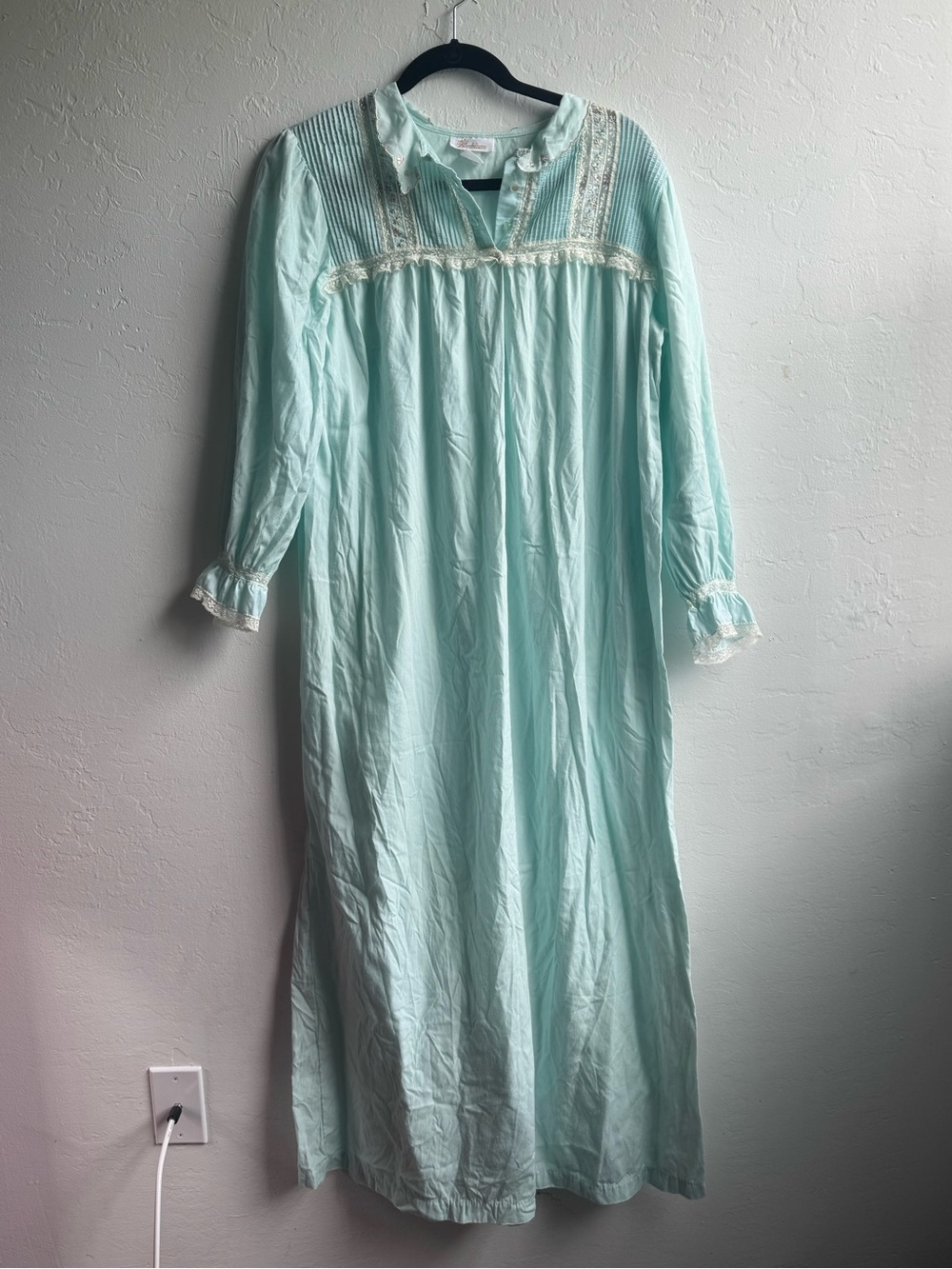 Barbizon 1970s vintage light blue nightgown with lace trim and button-up front